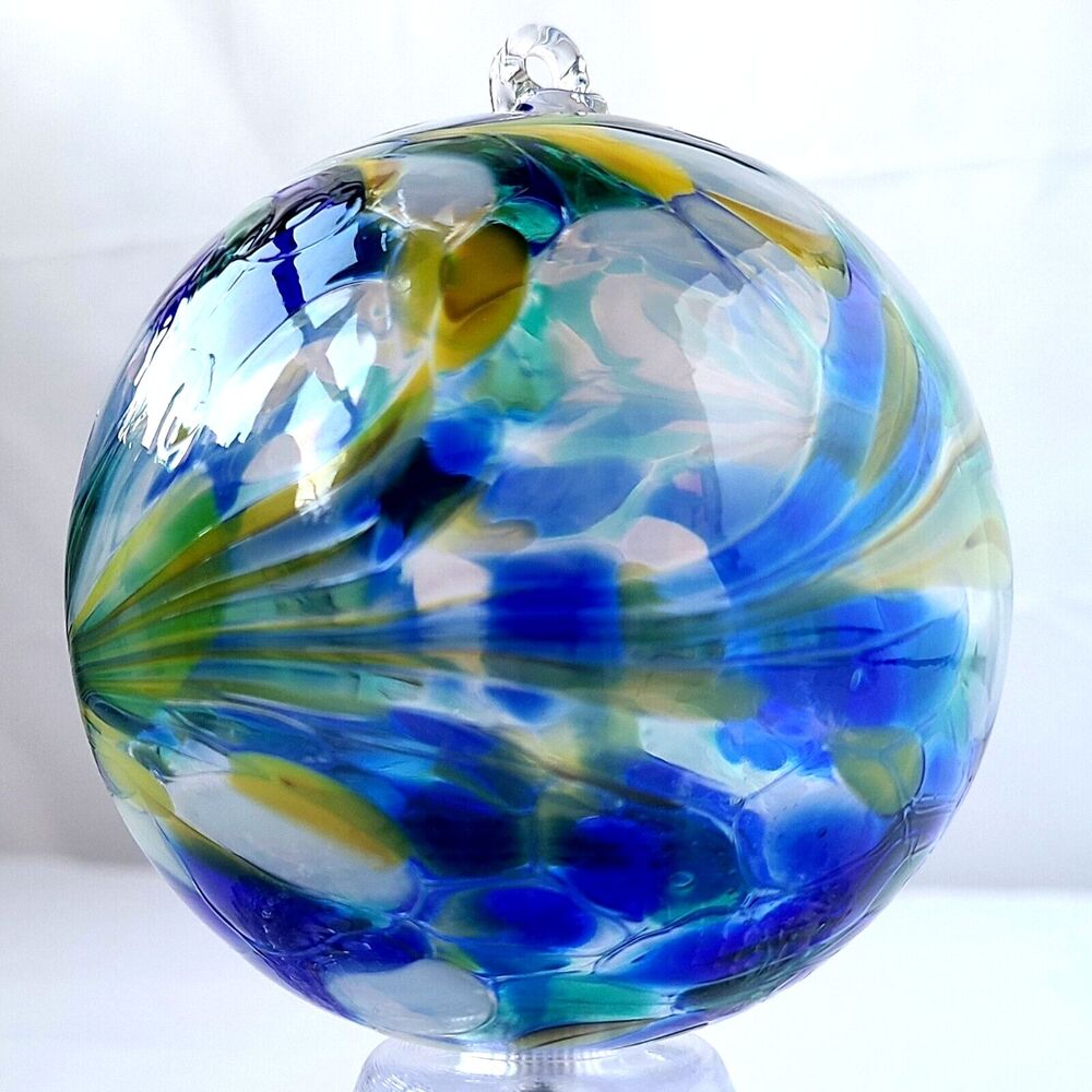 Zorza Artisan Mouth Blown Glass Christmas Ornament Large Round Blue Swirl Poland - Picture 5 of 9